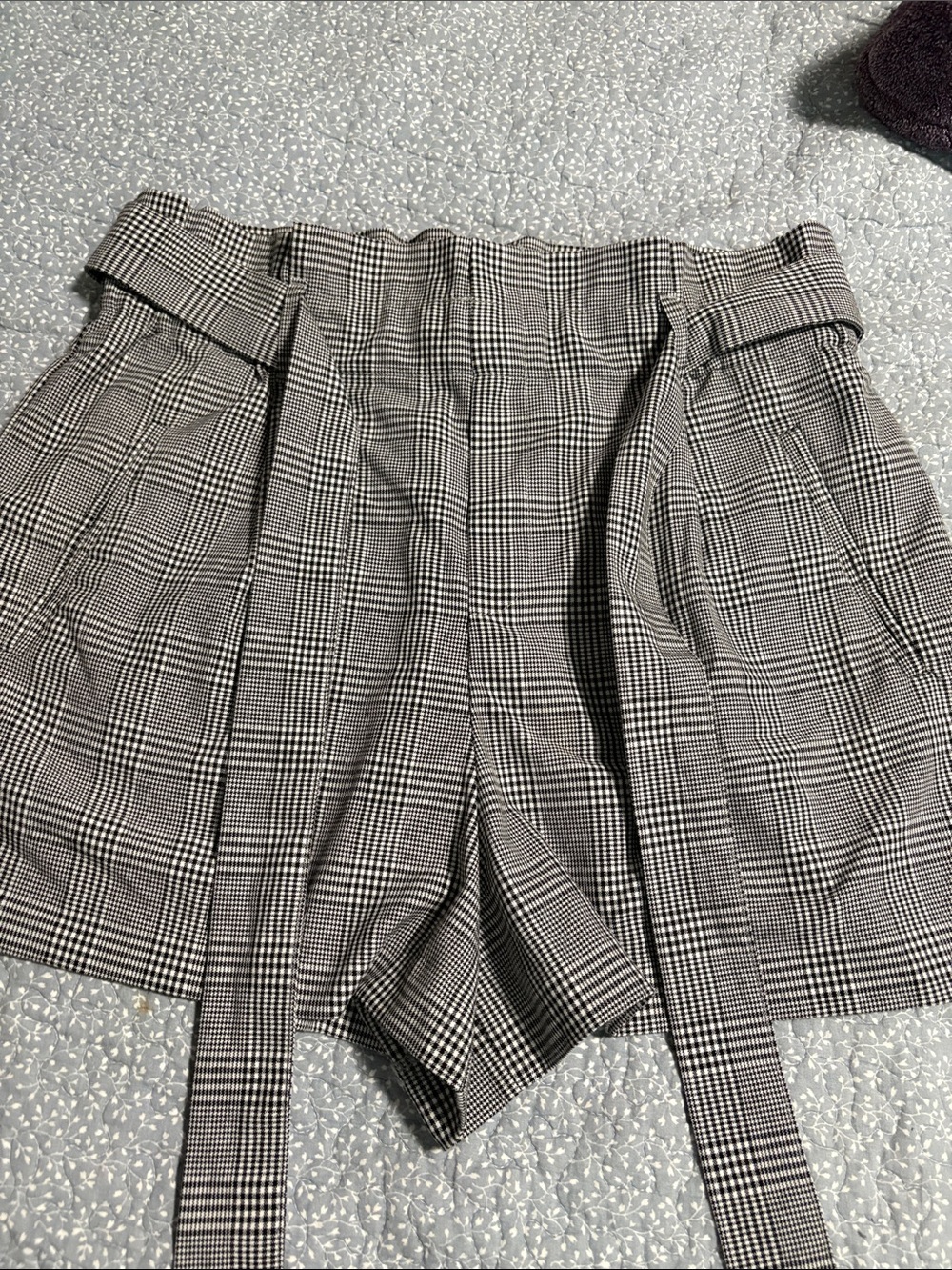 High-Waist Plaid Paperbag Women’s Shorts - Black/White